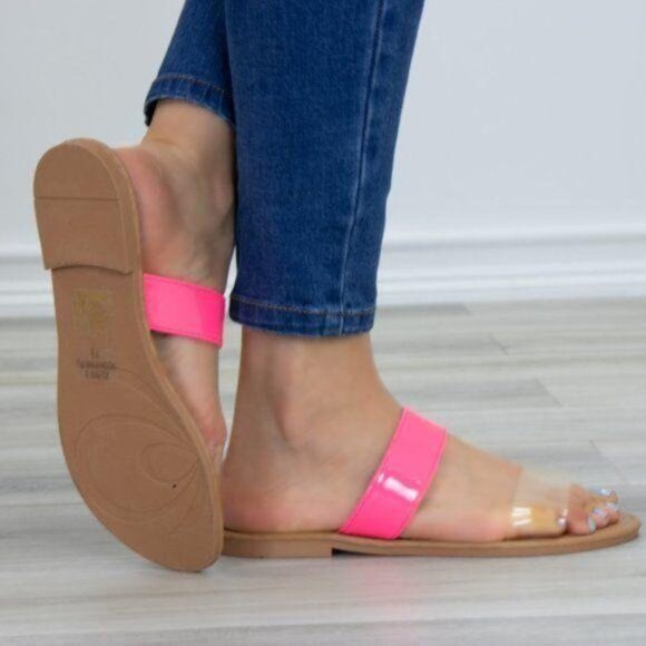 Neon Pink Clear Transparent Strap Flat Sandals - Picture 6 of 8